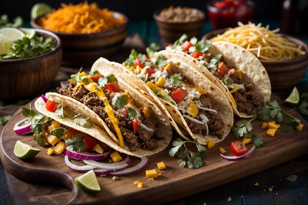 tacos mexicanos com carne, legumes e queijo