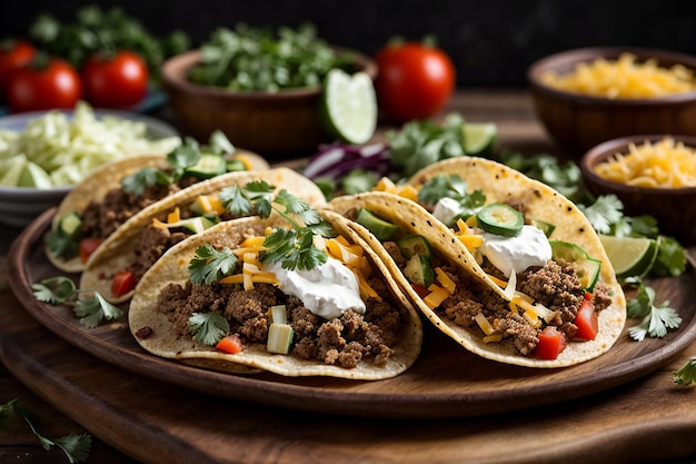 tacos mexicanos com carne, legumes e queijo