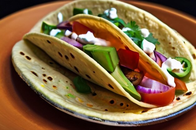 Tacos mexicanos com carne picada, feijão e especiarias em um prato