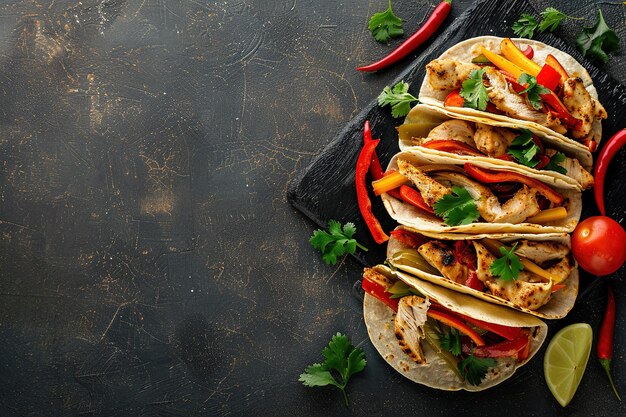 Tacos mexicanos com frango e legumes Vista superior com espaço de cópia