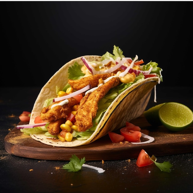 Tacos mexicanos com nuggets de frango e legumes em fundo preto