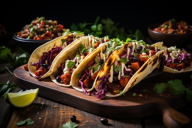 Tacos mexicanos com salada de repolho e guacamole em fundo de madeira