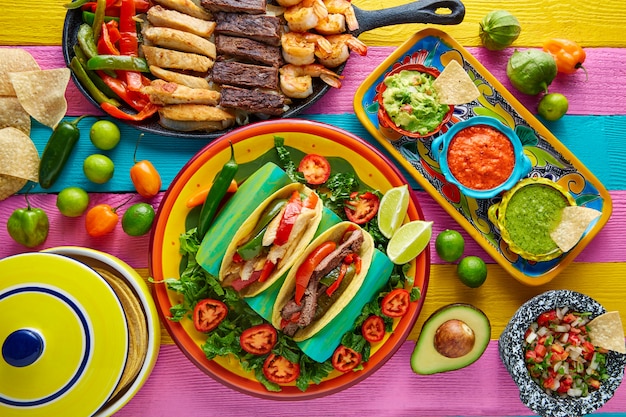 Tacos mexicanos de frango e carne fajitas