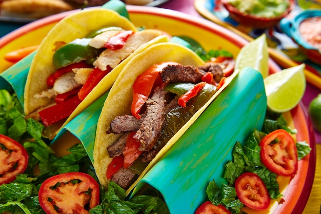 Tacos mexicanos de frango e carne fajitas