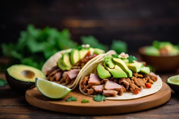 Tacos mexicanos de porco e feijão fumegados com alface e salada de abacate