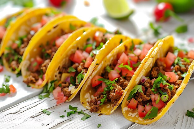 Tacos mexicanos em uma mesa de madeira branca