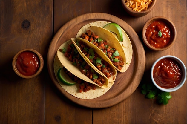 Tacos mexicanos em uma tábua de madeira