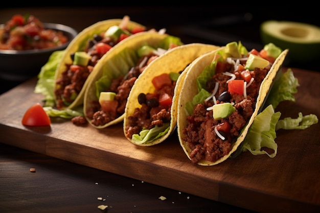 Tacos mexicanos con guacamole de camarón y verduras en una mesa de madera