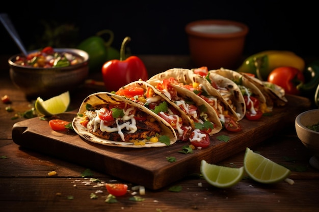 Tacos mexicanos con guacamole de camarón y verduras en una mesa de madera