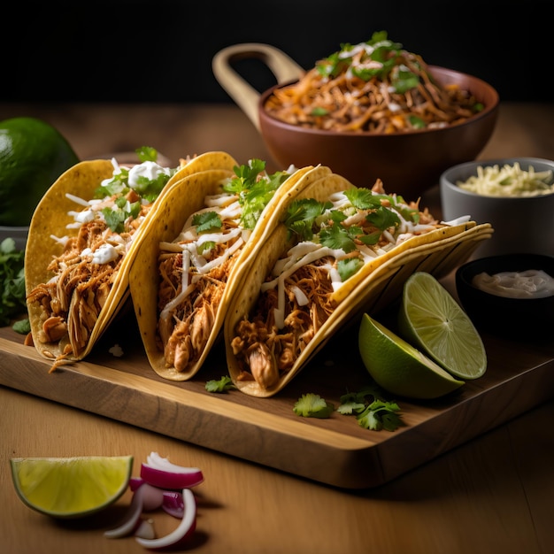 Tacos mexicanos con pollo, pimientos, frijoles negros y vegetales frescos.