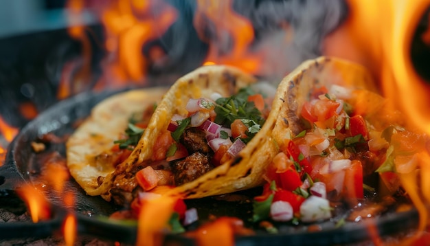 Foto tacos mexicanos rodeados de llamas de fuego