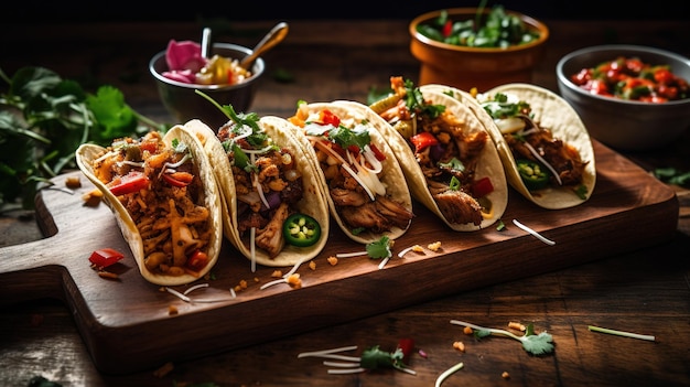 tacos mexicanos en una tabla de cortar de madera