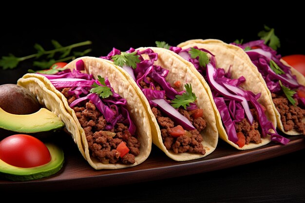 Tacos mexicanos con tomates de carne, chile de aguacate y cebollas aislados sobre un fondo oscuro