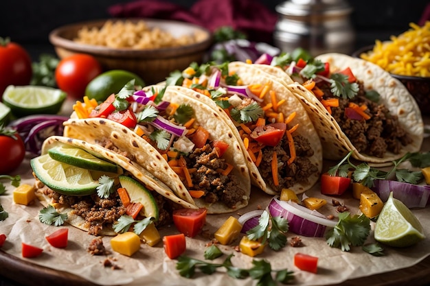 tacos mexicanos tradicionais com carne e legumes isolados em fundo branco