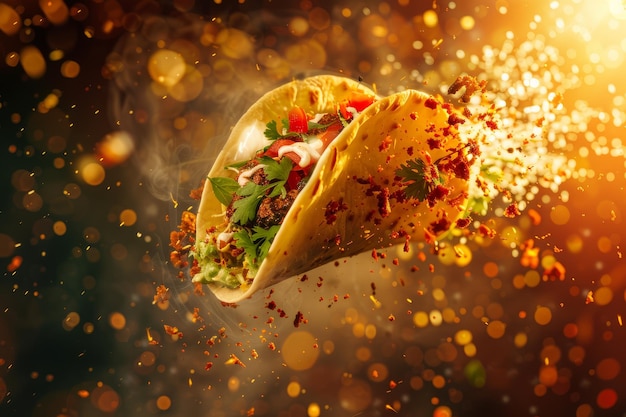 Tacos mexicanos volando en el aire explotando con sabor y rebotando con ingredientes frescos