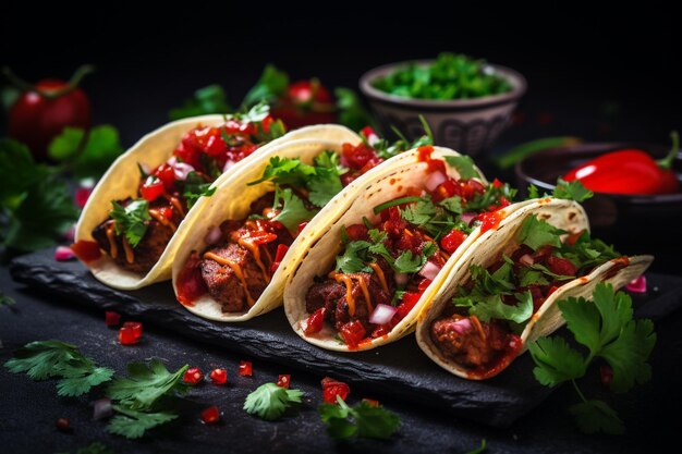 Tacos de México con salsa, verduras y carne.