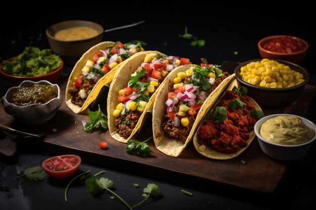 Tacos de México con salsa, verduras y carne.