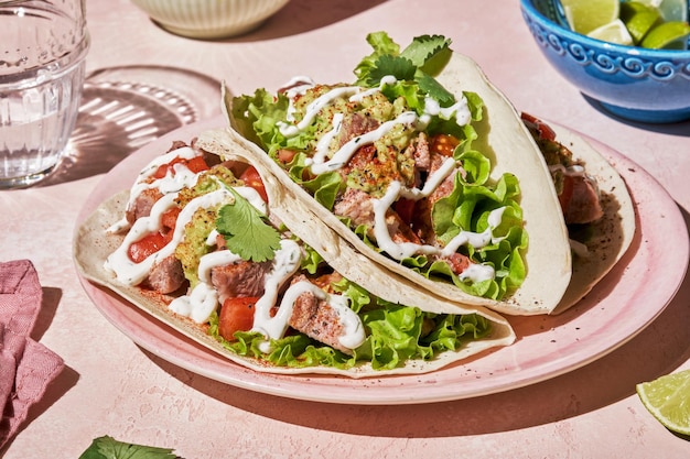 Tacos mit gegrilltem Hähnchen, Avocado, frischer Salsa-Sauce und Limetten Gesundes kohlenhydratarmes und fettarmes Mittagessen oder Essen für Unternehmen Diät- und Gewichtsverlustkonzept