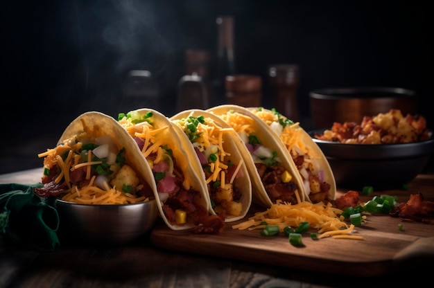 Tacos mit Rösti, Rührei und Speck, garniert mit Käse und Frühlingszwiebeln AI erzeugt