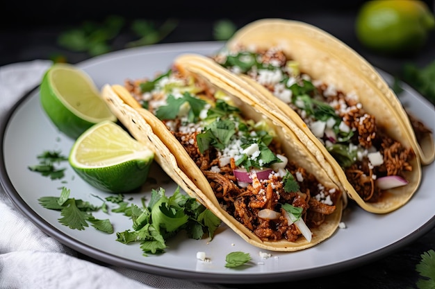 Tacos no prato branco com salpicos de coentro e fatia de limão visíveis criados com ai generativo