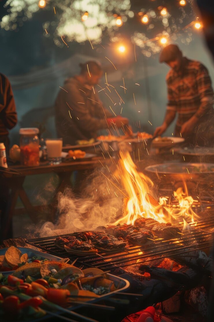 Tacos a la parrilla sobre una fogata abierta durante una cocción al aire libre creando una cena rústica y aventurera