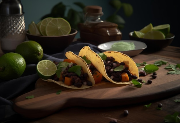 tacos con patata dulce y frijoles negros en una mesa de madera