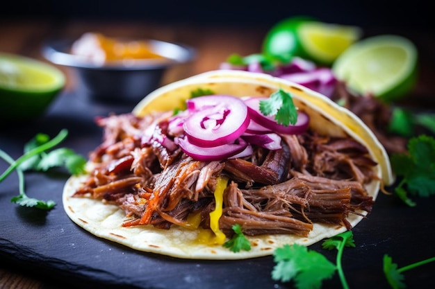 Tacos de pecho de barbacoa ahumados con cebollas rojas en vinagre