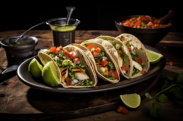 Tacos de pescado con aguacate picante y salsa de tomate