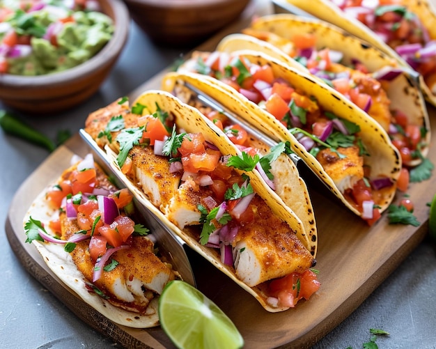 Tacos de pescado audaces y vibrantes con salsa en magenta claro y gris