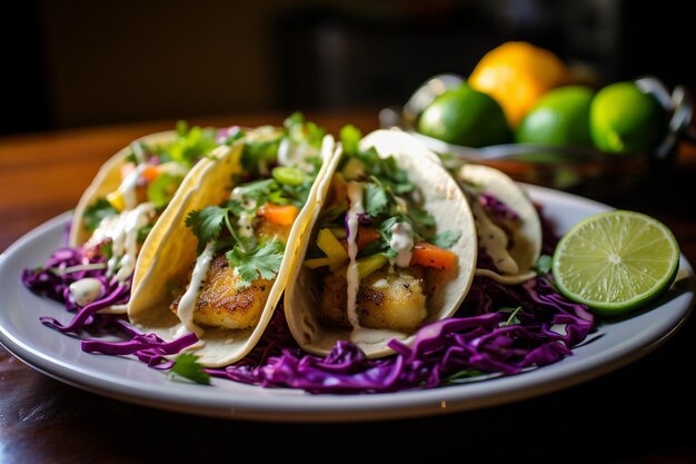 Tacos de pescado de colores con salsa de aguacate y cilantro