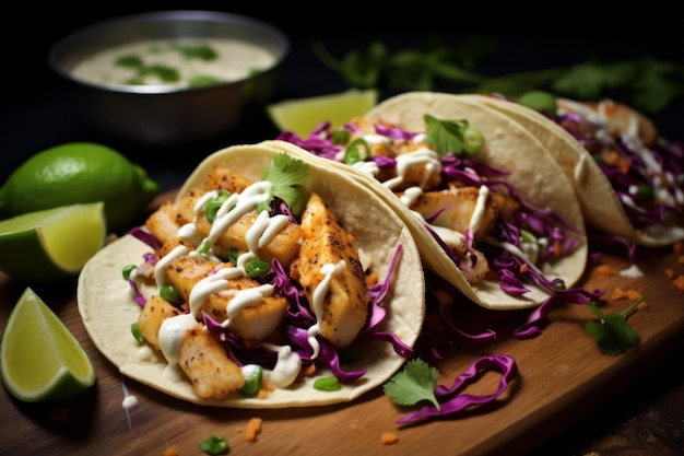 Foto tacos de pescado mexicano de cilantro con ensalada de repollo crujiente y mayo de ajo cremoso