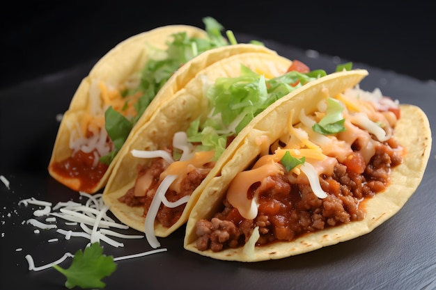 Tacos Un platillo mexicano que consiste en una tortilla rellena con varios ingredientes como carne frijoles queso y salsa Generative Ai