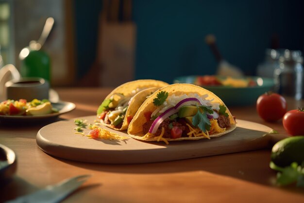 Tacos en un plato con una botella verde de cerveza sobre la mesa.