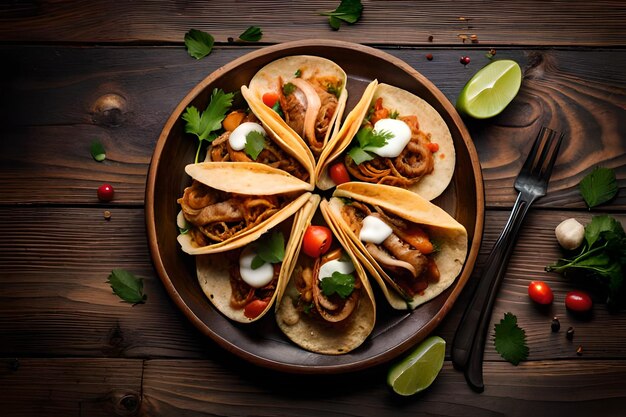 tacos en un plato con un tenedor y un cuchillo.