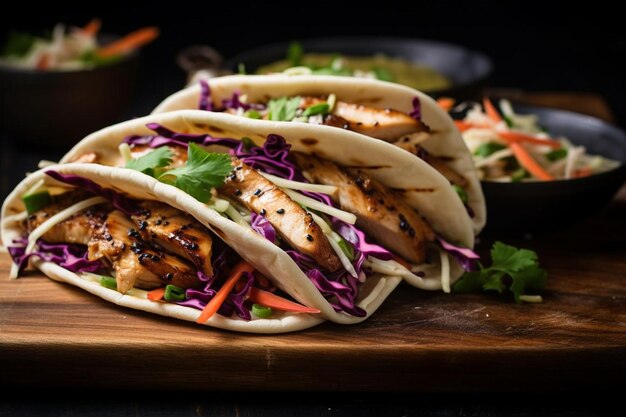 Tacos de pollo coreano con ensalada picante