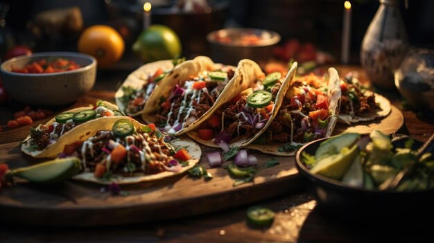 Tacos recheados com carne de legumes e maionese derretida em uma mesa de madeira com fundo desfocado