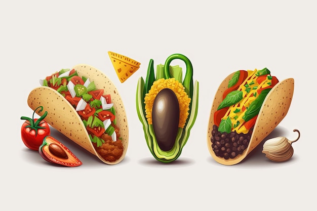 Tacos recheados com carne moída, abacate e pimentão Alimentos típicos do México