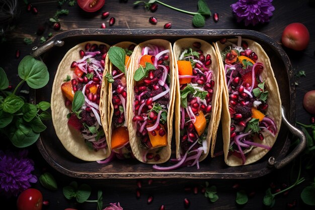 Tacos saborosos de jackfruit com salsa de manga e creme de limão de cilantro