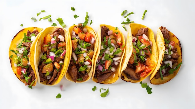 Tacos sabrosos y frescos con carne molida, verduras y hierbas