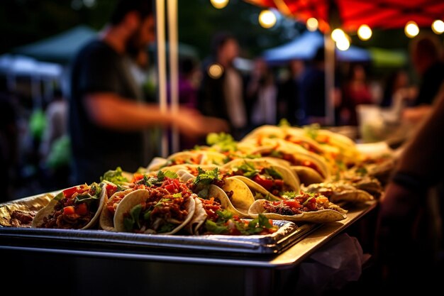 Tacos sendo servidos em uma feira de rua com jogo de carnaval