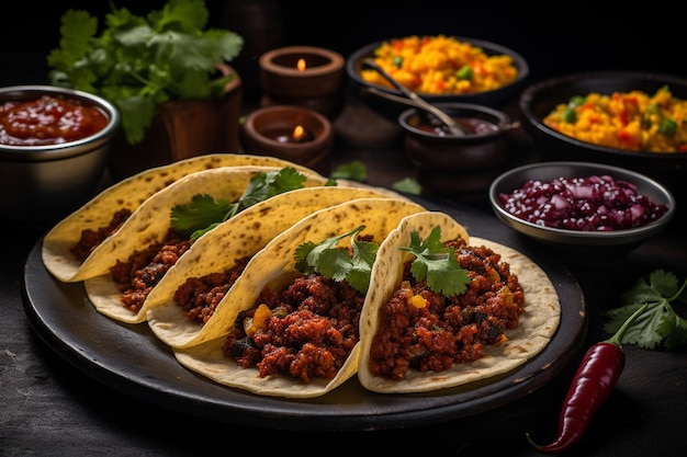 Tacos servidos em um prato de pedra com um lado de chutney de tamarindo picante