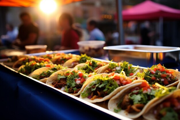 Tacos siendo servidos en una feria callejera con un juego de carnaval