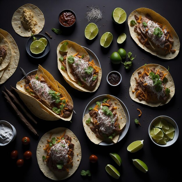 Tacos suaves y crujientes de la mesa del festival con comidas tradicionales creadas con tecnología de IA generativa