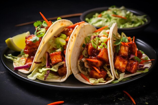 Tacos de tofu coreano con kimchi vegano