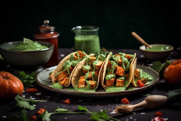 Tacos de tofu veganos picantes con crema de aguacate