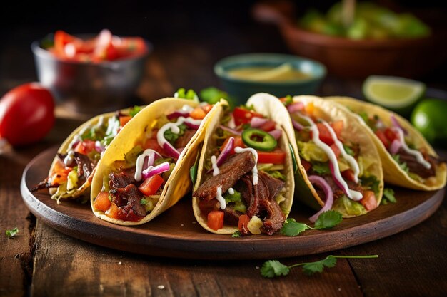 Foto tacos tradicionais mexicanos com carne e legumes em madeira