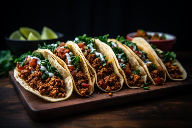 Tacos tradicionais mexicanos com carne e legumes em mesa de madeira