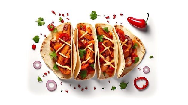 Tacos tradicionais mexicanos em fundo branco Ai Generative