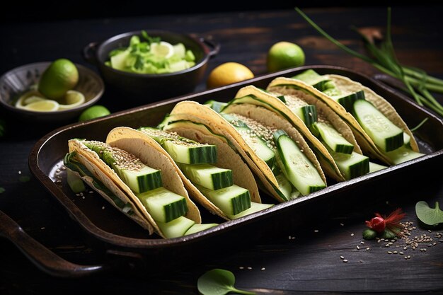 Foto tacos veganos tradicionales de nopales con elote con cactus y maíz