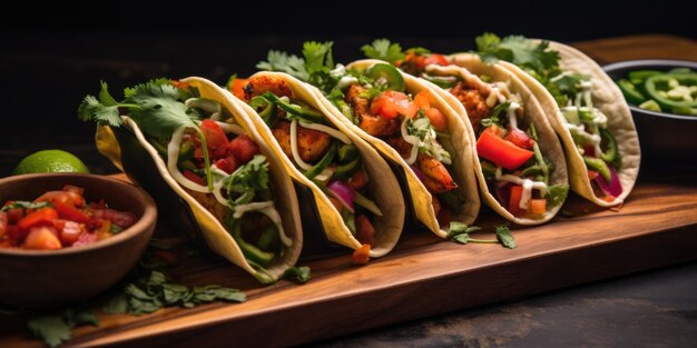 Tacos veganos con verduras presentados en un tablero de madera que destaca las opciones de comidas vegetales y vegetarianas